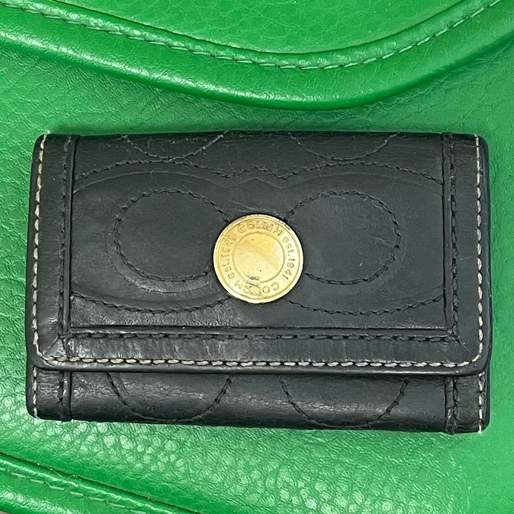 Coach Black and Brass Signature Leather Key Wallet